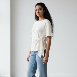 1221 • Off White Rayon Blend Asymmetrical Tie Waist Top